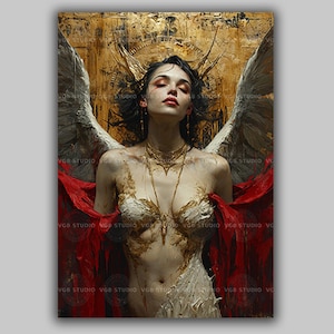 Dark Angel Art Print Fallen Angel Wings Gold Halo Red Black Fantasy Wall Decor Gothic Woman Mythology Painting Divine Feminine Portrait z63