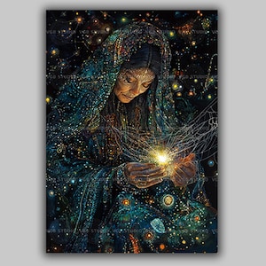 May include: A digital art print of an older person in a dark, ornate robe and head covering, gazing down at a glowing light held in their hands. The background is a dark, starry night with sparkling lights.