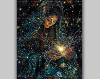 Spider Grandmother Cosmic Weaver Art Print Hopi Navajo Spider Woman Creator Deity Native American Wall Decor, Celestial Starlit Goddess AL32