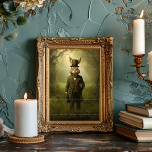 Impresión artística de conejo vintage, póster de liebre victoriana, decoración de Alicia en el País de las Maravillas, arte de pared de animales para guardería, decoración del Día de San Patricio, caballero irlandés J33 imagen 2