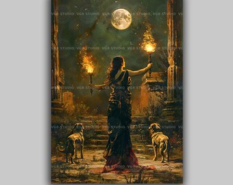 Hecate Art Print, Greek Goddess Raising Twin Torches in Moonlit Temple Ruins, Two Hounds, Green Nocturne Witchcraft Pagan Altar Decor s07