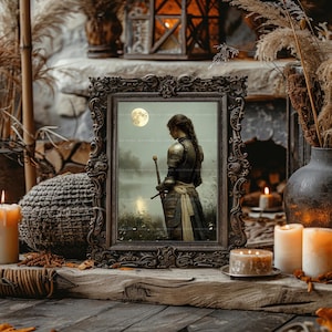 Lady Knight Art Print Medieval Fantasy Woman Warrior Wall Decor Moonlight Sword Lake Arthurian Legend Romantic Armor Chivalry Heroine AH04 image 6