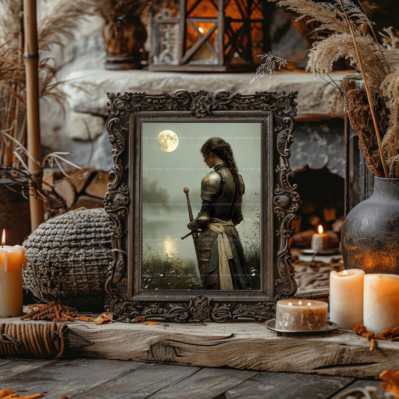 Lady Knight Art Print Medieval Fantasy Woman Warrior Wall Decor Moonlight Sword Lake Arthurian Legend Romantic Armor Chivalry Heroine AH04 image 6