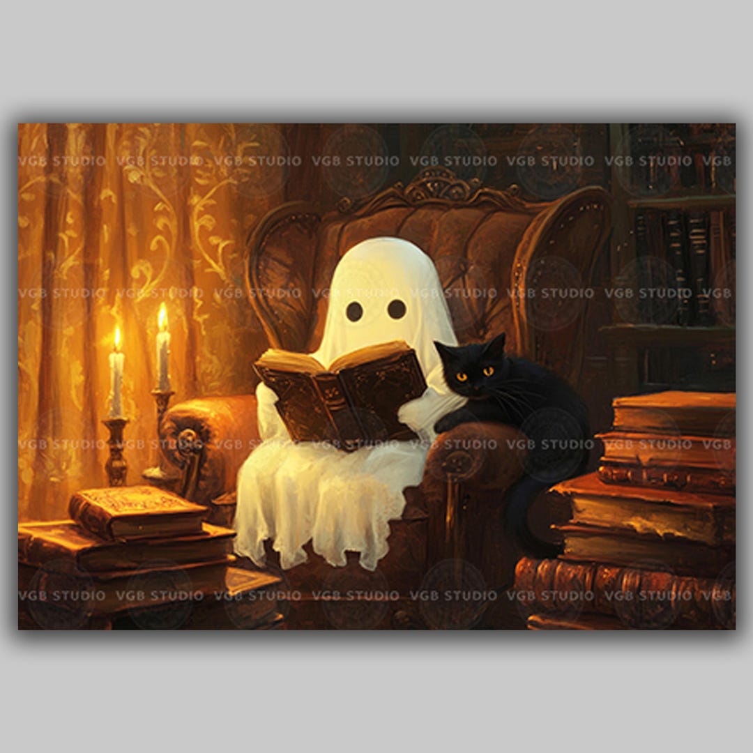 Ghost Reading Book Art Print Cozy Halloween Decor Black Cat Painting ...