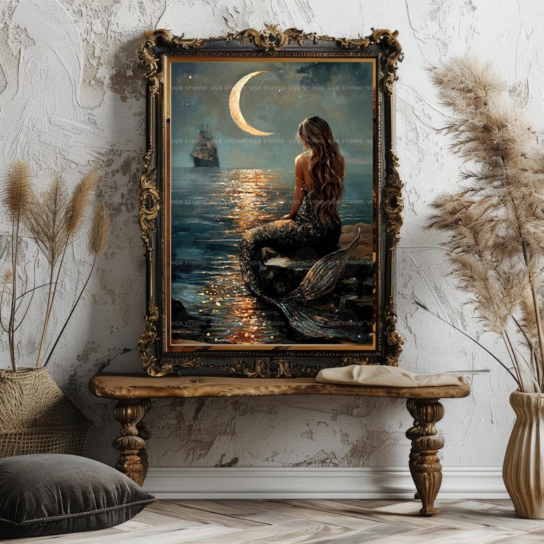 Lámina decorativa de sirena a la luz de la luna, decoración náutica oscura, pintura de barco, ilustración fantástica, estética costera, Mermaidcore, magia del océano AF74 imagen 8