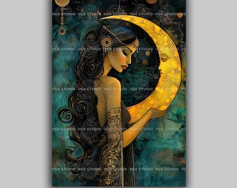 Selene Greek Moon Goddess Of Intuition And Night Art Print Holding Crescent Gold Moon On Teal Sky r14