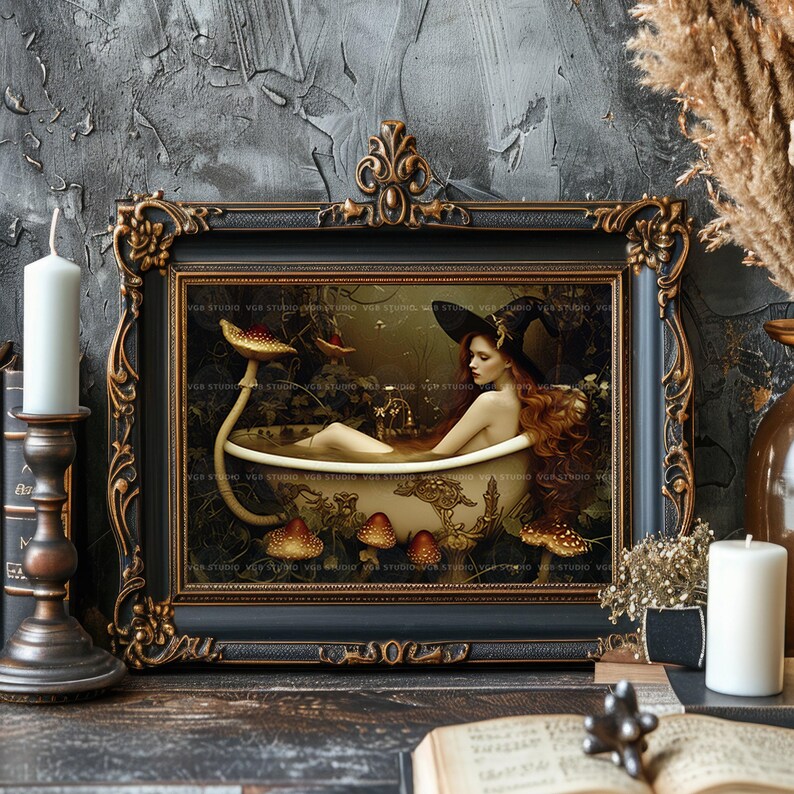 Witch Bathtub Art Print, Redhead Among Giant Toadstools, Sepia Surreal Mushroom Forest, Horizontal Powder Room Decor q12 image 7