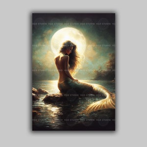 Beautiful Mermaid Siren Full Moon Light, Moonlit Baroque Painting, Art Poster Print, Dark Academia, Gothic Occult Poster, Nautical Art J27