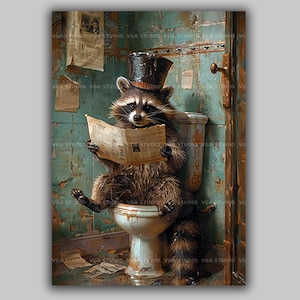 Raccoon Art Print Reading Newspaper Whimsical Bathroom Decor Funny Animal Wall Art Raccoon in Top Hat Poster Vintage Bathroom Gift AE22