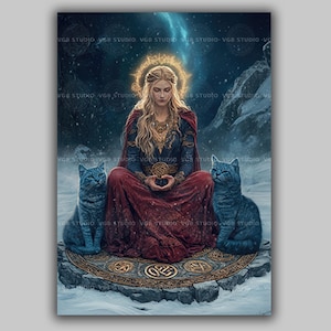 May include: A woman with long blonde hair sits in a meditative pose on a circular stone platform. She wears a red and gold robe and holds a small golden orb in her hands. Two blue cats sit on either side of her, looking at the viewer.