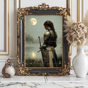 Lady Knight Art Print Medieval Fantasy Woman Warrior Wall Decor Moonlight Sword Lake Arthurian Legend Romantic Armor Chivalry Heroine AH04 image 7