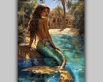 Mermaid Oasis Wall Art Print, Fantasy Siren Lagoon Decor, Vintage Coastal Ocean Goddess Poster, Tropical Nautical Mythical Sea Gift AD26