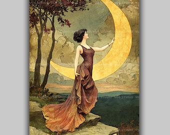 Crescent Moon Goddess Wall Art Nouveau Print Golden Moon Lady Celestial Decor Boho Mystical Woman Vintage Goddess Poster Inspirational AH91