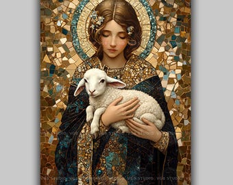 St Agnes Wall Art Print, Saint with Lamb, Religious Mosaic, Teal Gold Halo Portrait, Catholic Confirmation Gift, Prayer Corner Decor AP22