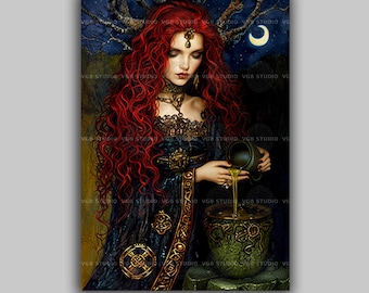 Ceridwen Cerridwen Wall Art Print, Celtic Goddess Cauldron, Welsh Mythology Witch, Magic Potion Moon, Pagan Altar Decor, Dark Academia r36