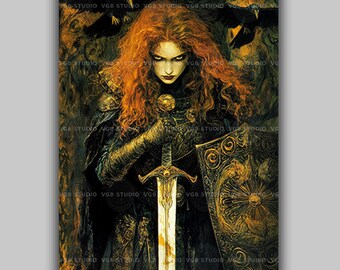 Badb Catha Wall Art Print, The Morrigan, Celtic Warrior, Irish Mythology, Pagan Gifts, Gothic Painting, Fantasy Illustration, Crow Decor z75