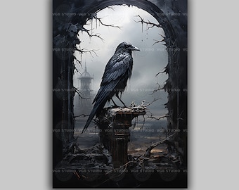 Gothic Raven Art Print, Dark Fantasy Crow in Ruined Archway, Edgar Allan Poe Inspired Bird Wall Decor, Occult Noir Raven Illustration D90