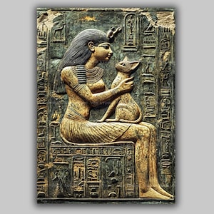 May include: A detailed relief carving depicting an ancient Egyptian figure seated and holding a cat. The artwork features hieroglyphs and is rendered in shades of brown, gold, and green. The figure is adorned with traditional Egyptian jewelry and headdress.