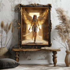 Isis Goddess Wall Art Print, Ancient Egyptian Mythology Decor, Divine Feminine Portrait, Golden Wings, Sacred Pyramid Temple Scene AB60 image 8