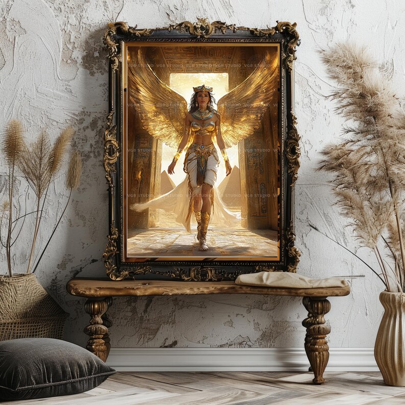 Isis Goddess Wall Art Print, Ancient Egyptian Mythology Decor, Divine Feminine Portrait, Golden Wings, Sacred Pyramid Temple Scene AB60 image 8