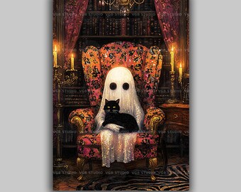 Ghost Cat Wall Art Print, Haunted Library Decor, Dark Academia Poster, Victorian Gothic Style, Spooky Reading Nook, Feline Lover Gift u20