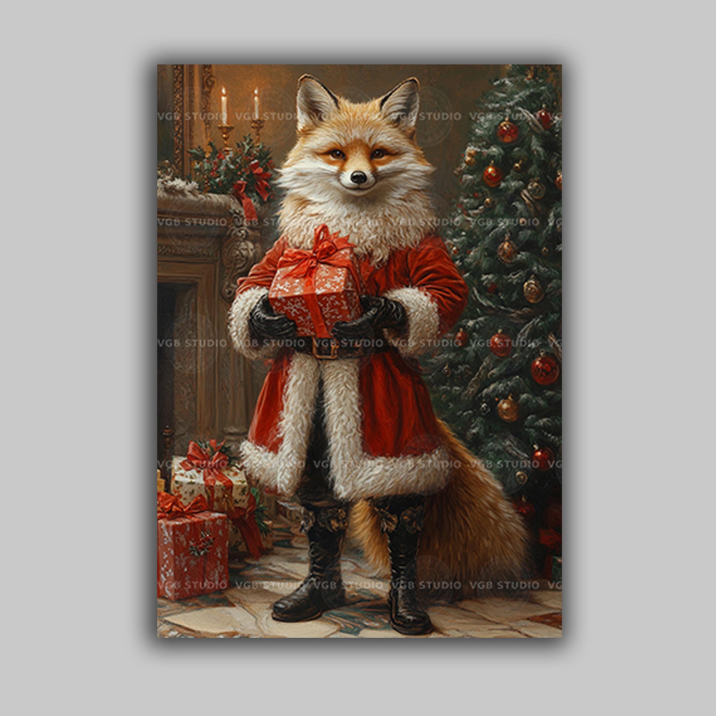 Christmas Whimsical Fox Wall Art Print, Santa Woodland Animal