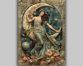 Selene Moon Greek Goddess, Art Deco Luna Baroque Painting, Celestial Artwork, Mystic Pagan Esoteric Full Moon Art , Art Nouveau Poster M63