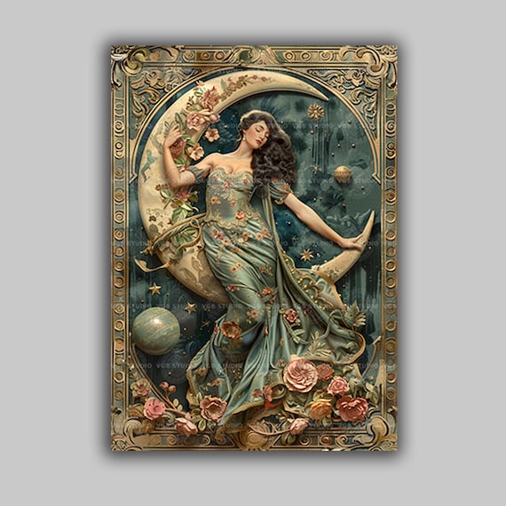 Selene Moon Greek Goddess, Art Deco Luna Baroque Painting