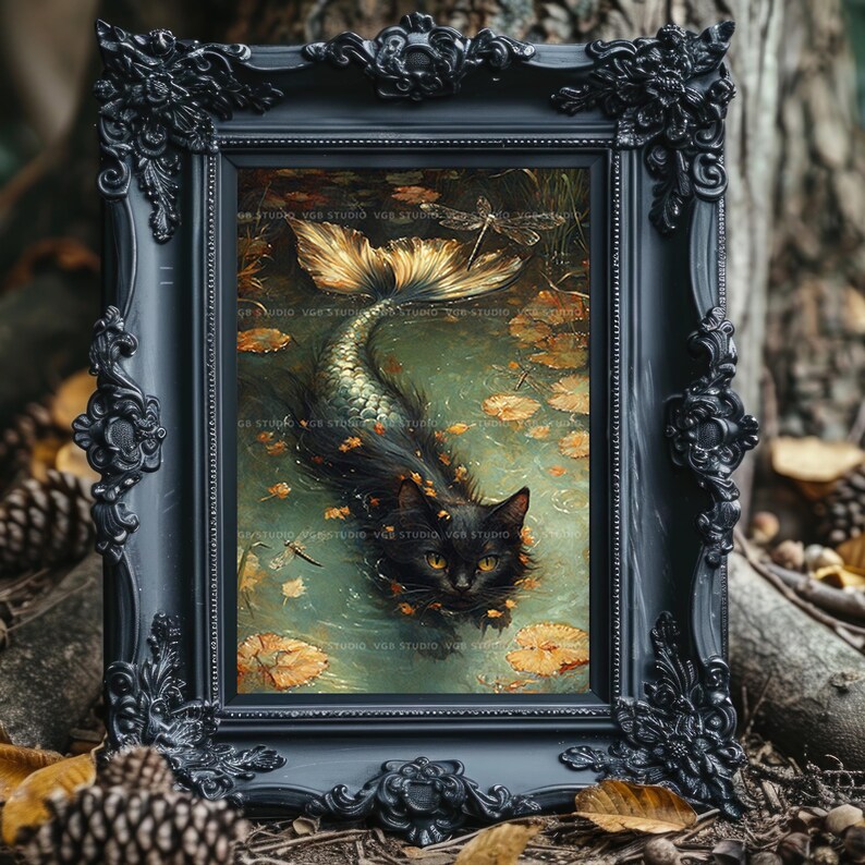 Mermaid Cat Fantasy Print Mystical Black Cat with Fish Tail in Enchanted Pond Dragonflies Autumn Leaves Cozy Cottagecore Animal Art AC63 image 7
