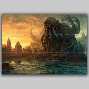 Cthulhu Wand Kunst Cosmic Horror Print Lovecraftian Dekor Gothic Fantasy Seaside Ruinen Dark Mythologie Monster Kunst Antike Horror Geschenk A51