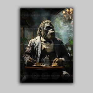 Gorilla Having Tea Art Print | Victorian Gentleman Animal Wall Decor | Formal Suit Bow Tie Dark Academia Vintage Portrait Quirky Decor K23