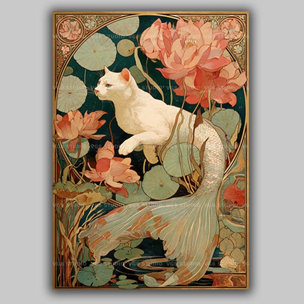 Art Nouveau Cat Mermaid Art Print, White Cat with a Fish Tail in a Lotus Pond, Gold Bordered Feline Siren, Teal Botanical Wall Decor AF77