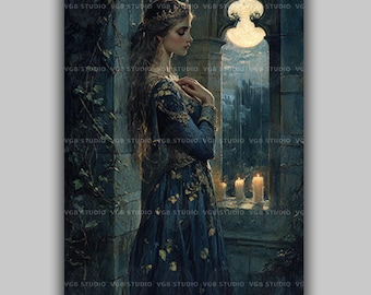Guinevere väggkonsttryck, drottning av Camelot i månbelyst slott, Arthuriansk legend, medeltida gotiskt blått guldporträtt i levande ljus AH25