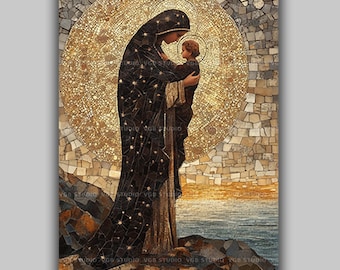 Our Lady of Mount Carmel Art Print, Virgin Mary and Christ Child Above the Sea, Gold Mosaic Catholic Icon, Carmelite Devotion Decor AN35