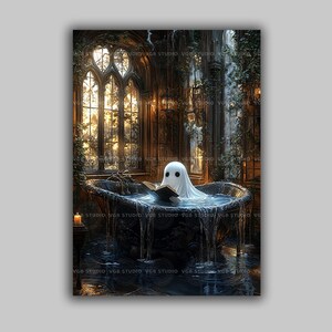 Ghost Reading In Bathtub Wall Art Dark Academia badkamer decor grappig spooky print grillige gotische Home vintage boeken minnaar cadeau t57