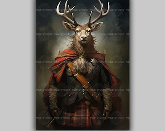 Highland Stag Wall Art Print, Scottish Deer Portrait, Tartan Kilt Animal Painting, Dark Academia Wildlife Decor Clan Gentleman Poster D85