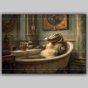 Alligator In Bathtub Art Print Whimsical Animal Wall Decor Fantasy Bathroom Artwork Quirky Reptile Painting Funny Gator Vintage Home AG15