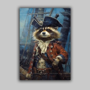 Raccoon Pirate Bucaneer Portrait, Nautical Print Art, Dressed Animal, Whimsical Animal Artwork,  Baroque Poster, Victorian Animal,  F41