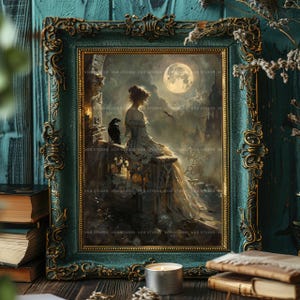Viktorianische Frau als Kunstdruck, Rabe auf Burgruinen, Vollmond-Wanddeko im Stil der Skurrilität, Gemälde mit dunkler Romantik und Krähe, Stimmungsposter L94 Bild 6