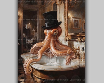 Octopus Wall Art Print, Funny Bathroom Art, Powder Room Decor, Clawfoot Bathtub, Victorian Gothic, Quirky Home Decor, Unusual Wall Art y50