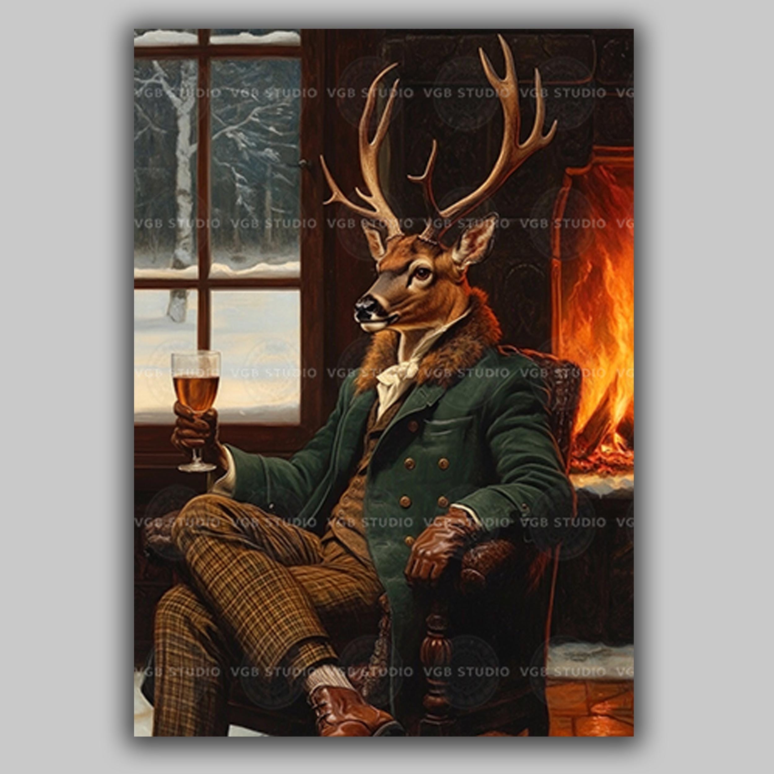 Deer Gentleman Art Print Victorian Animal Portrait Winter Lodge