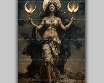 Hecate Moon Goddess Art Print, Triple Moon Dark Feminine Power Decor, Ancient Greek Witchcraft Altar Artwork, Mystical Pagan Wall Art AE64