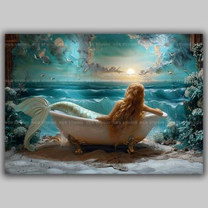 Mermaid in Bathtub Art Print | Ocean Sunset Golden Tail Clawfoot Tub Seagulls Beach | Coastal Bathroom Decor Teal Wall Art | m18