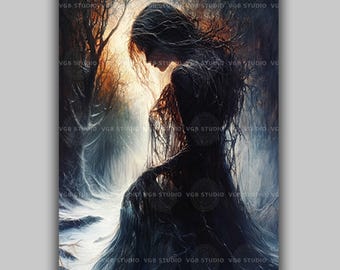 ヘル冥界の女神アート絵画 | ヘラ 北欧神話 死の女神ガルム | 水彩画の