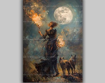 Hekate Hecate Print, Wolf Wall Art, Witchcraft Decor, Greek Mythology Poster, Victorian Goth Painting, Moon Goddess, Pagan Altar L92