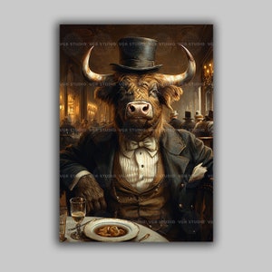 Highland Cow Art Print Gentleman Animal Portrait Vintage Dining Room Decor Whimsical Steampunk Wall Art Quirky Animal Lover Gift Regency k98
