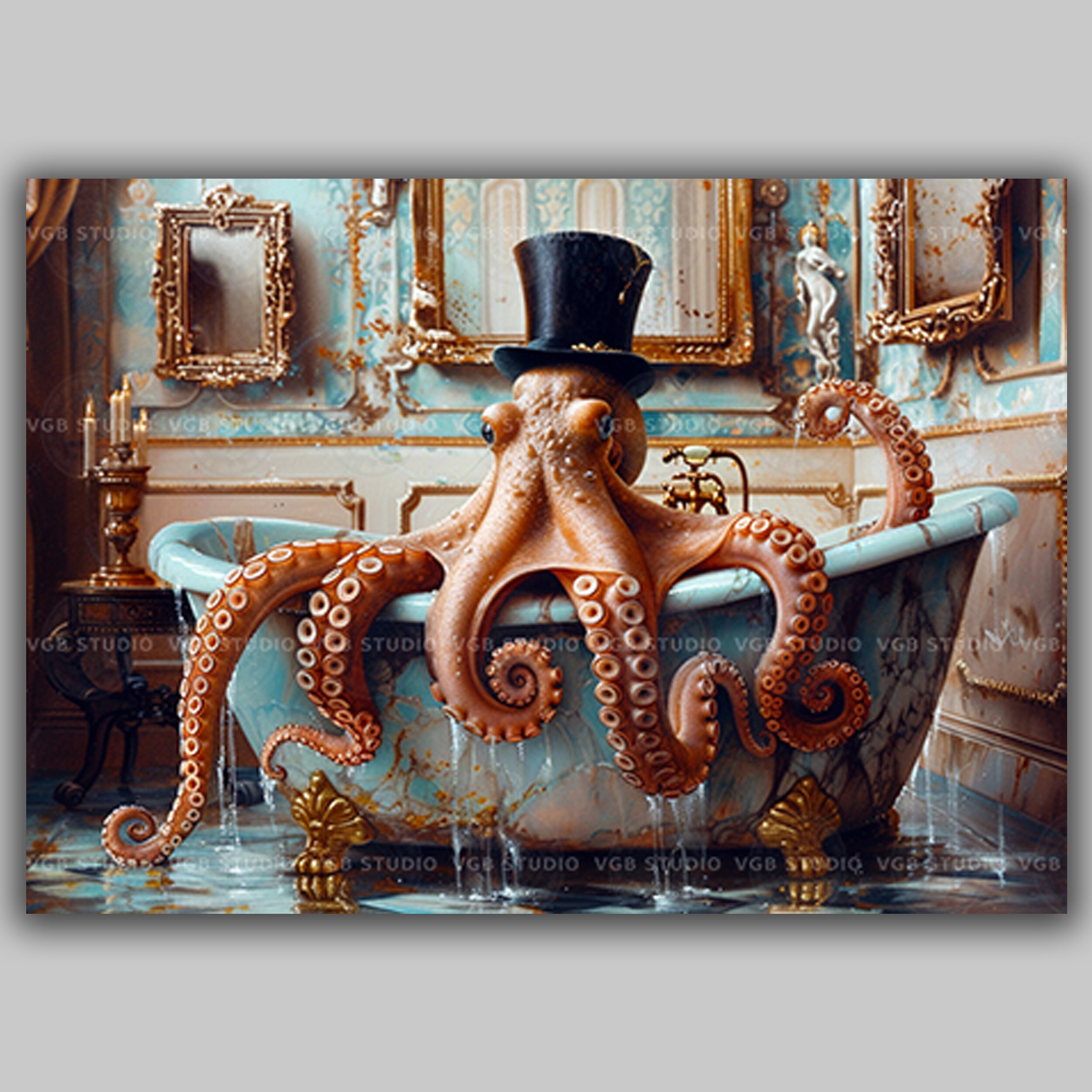 Zylinder Hut Oktopus Gentleman Badezimmer Kunstdruck, Original Barock Gemälde Wand Kunst Poster, Meeresbiologie, Oktopus Bad Deko L54