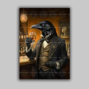 Raven Gentleman Art Print Victorian Crow with Whiskey Gothic Animal Bar Decor Dark Academia Bird Portrait Anthropomorphic Pub Wall Art s93