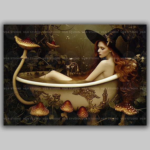 Witch Bathtub Art Print, Redhead Among Giant Toadstools, Sepia Surreal Mushroom Forest, Horizontal Powder Room Decor q12