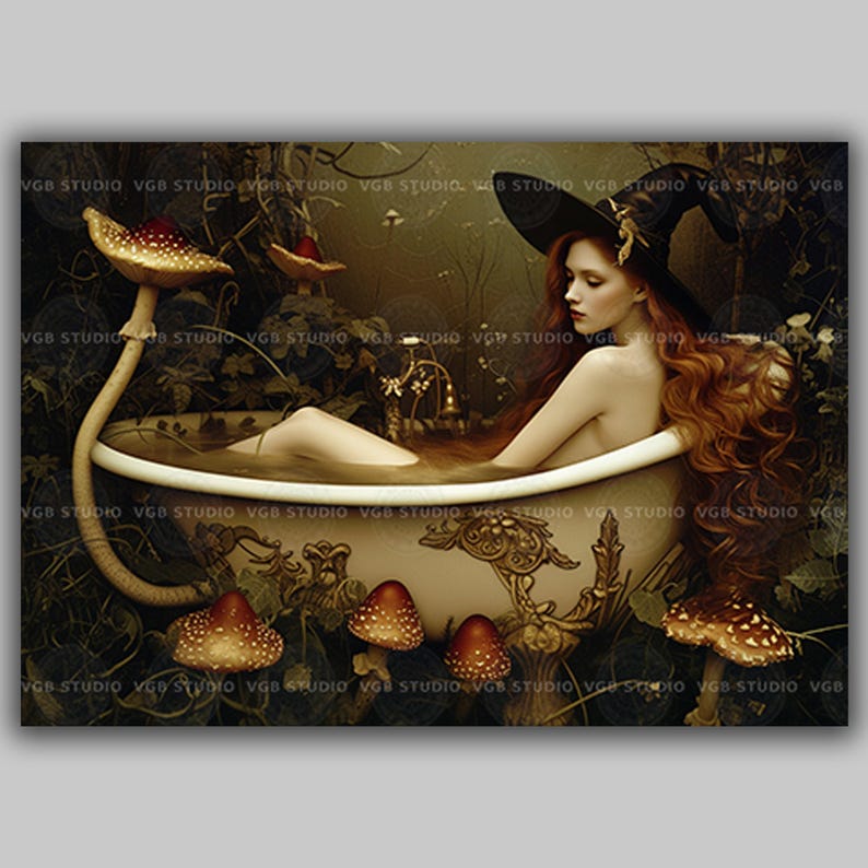 Witch Bathtub Art Print, Redhead Among Giant Toadstools, Sepia Surreal Mushroom Forest, Horizontal Powder Room Decor q12 image 1